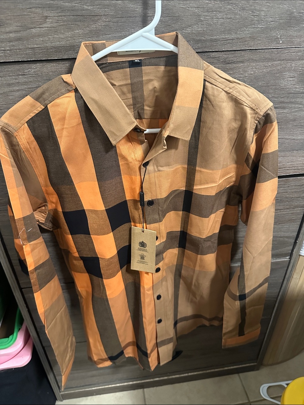 Men's Plaid Button-Down Shirt in Orange and Brown size XS
